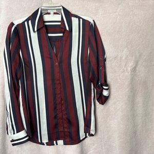 Shirt/ Polyester, long sleeves, stripes, navy blue/ white/ burgundy